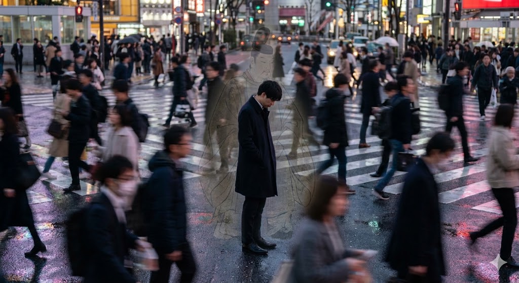 人混みから離れ一人で過ごす男性のイメージ。前世が陰陽師の特徴である集団への違和感や孤独感、過去世の記憶に由来する魂のトラウマを表現しています。