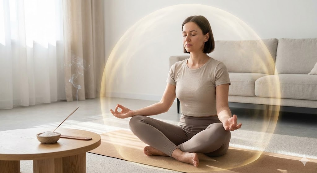 自分を守る結界のイメージ。前世が陰陽師の人が実践できる、掃除やイメージングによるエネルギー防御とスピリチュアルな浄化方法を表現しています。