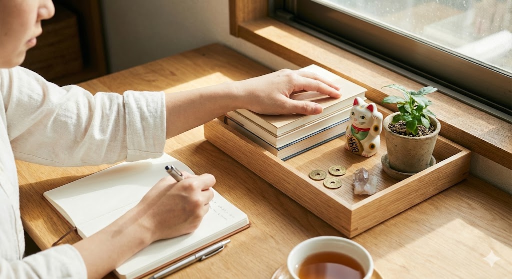 五芒星のメモとお守りを持つ男性。前世が陰陽師だった人が、文字を書くことや整理整頓を通じて運気を高め、願望を実現する現代の開運行動のイメージ。