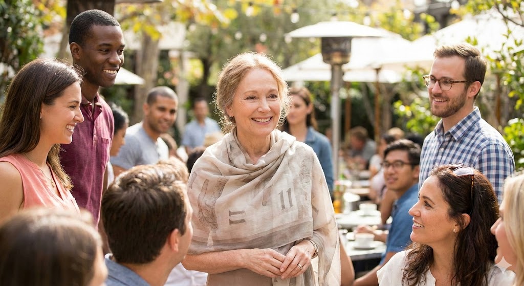 多くの人に囲まれて微笑む、数秘術11を持つ魅力的な女性の姿。彼女の透明感とカリスマ性が、周囲の人々を惹きつけています。