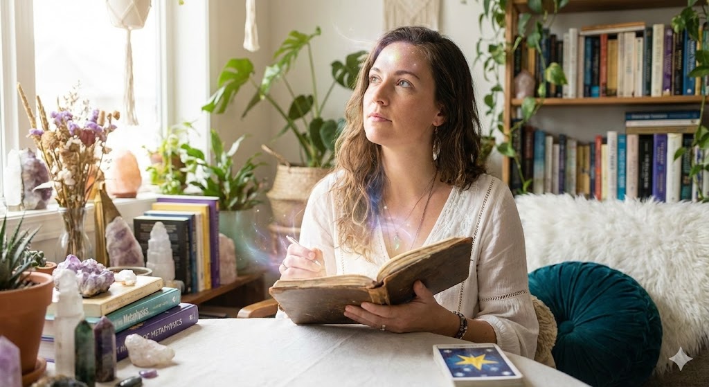 数秘術11の女性が持つ鋭い直感力とスピリチュアルな感性を表現した画像。目に見えないメッセージを受信しているような、神秘的な光を纏った姿です。