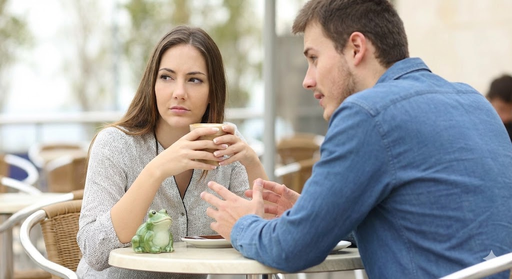 数秘術11を持つ女性が恋愛において急速に気持ちが冷める「蛙化現象」の瞬間をイメージ。理想と現実のギャップに戸惑う複雑な表情を描写しています。