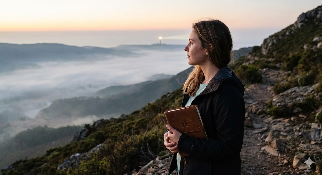 数秘術11の女性がメッセンジャーとしての使命を果たし、周囲に精神的な光を与えるイメージ。人生の目的を見出し、架け橋として輝く姿を描写しています。