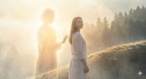 霧に包まれた朝、振り返り微笑む女性の背後に、温かい光を放つ守護霊がはっきりと姿を現し、優しく寄り添っている感動的なスピリチュアルな光景。