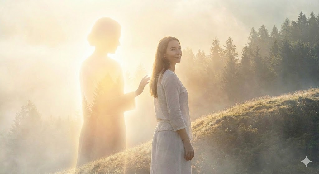霧に包まれた朝、振り返り微笑む女性の背後に、温かい光を放つ守護霊がはっきりと姿を現し、優しく寄り添っている感動的なスピリチュアルな光景。