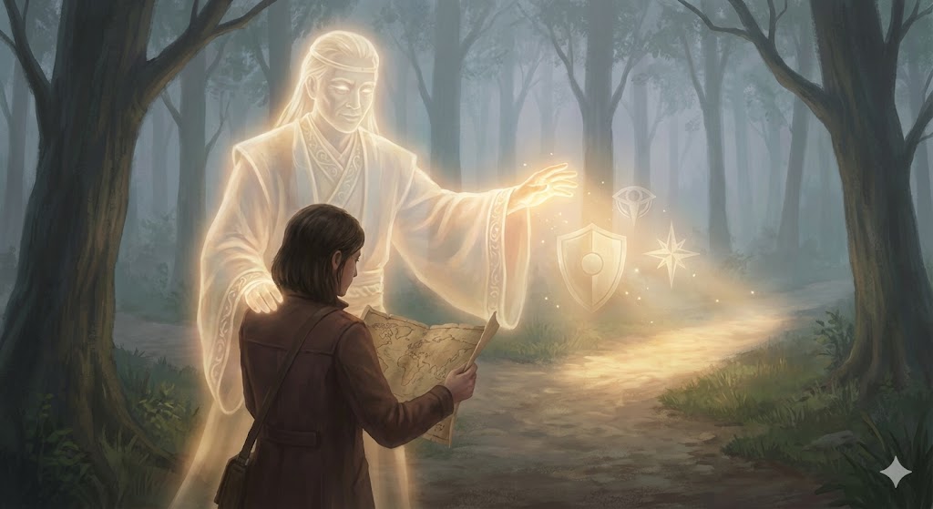 霧の森で地図を見る人を、背後の光る守護霊が盾と星の輝きで導き保護する様子。人生の道案内という守護霊の基本的な役割を象徴している。