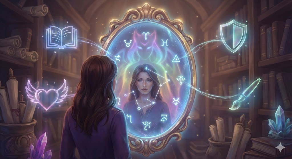 魔法の鏡で守護霊診断を行う女性。鏡には守護霊のオーラと共に、本（知性）やハート（愛情）など、自分の隠れた特徴を示す光るシンボルが映し出されている。