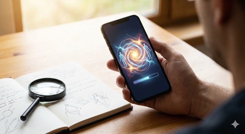 スマートフォンで守護霊診断アプリが作動中。画面のエネルギー体とロードバー、手元のノートと虫眼鏡は、アプリの仕組みや信憑性を調査・検証している様子を表現している。