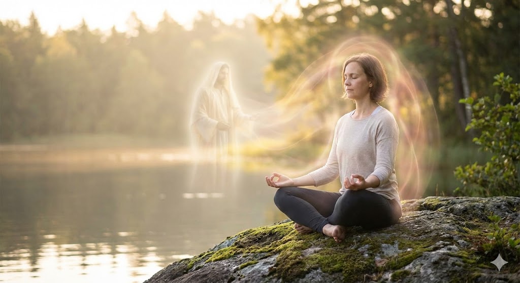 静かな自然の中で目を閉じて瞑想し、守護霊との深いつながりを感じている女性の姿。リラックスした状態で内なるメッセージを受け取る実践的な方法を表現。
