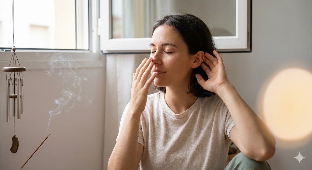 お線香の煙の匂いや微細な音に感覚を研ぎ澄ませ、守護霊のサインを感知しようとしている女性の様子。視覚以外の感覚で霊的な存在を感じる体験のイメージ。