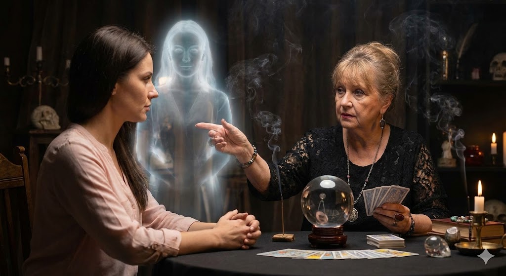 タロットカードや水晶玉を使う占い師が、相談者の背後に現れた守護霊を指し示し、鑑定を行っているスピリチュアルなセッションの様子。