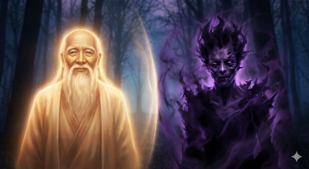 穏やかな光を放つ老賢者のような守護霊と、暗く歪んだ低級霊が並んでいる様子。その対照的な姿から、両者の特徴と見分け方を視覚的に表現している。