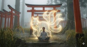 鳥居が並ぶ神聖な場所で瞑想する男性の背後に現れた、黄金色に輝く巨大な九尾の狐の守護霊。神秘的なエネルギーと稲荷信仰を象徴する特徴的な光景。