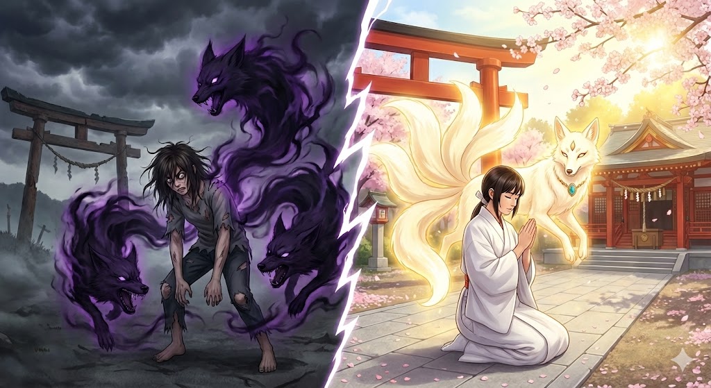 稲荷神社の鳥居で瞑想する男性を守護する光り輝く善狐の姿。狐憑きとは異なり神の眷属として恩恵をもたらす、神聖な狐守護霊の特徴を象徴したイメージ画像。