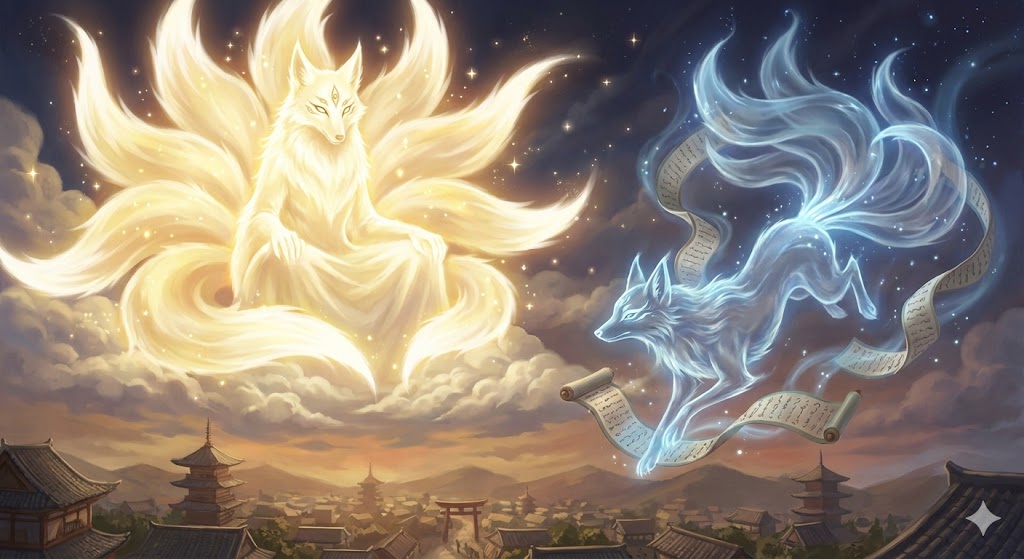 天狐や空狐など高位の階級にある狐守護霊をイメージした神秘的な姿。神に近い霊力を持ち、鳥居の前で瞑想する人を黄金の光で守護する九尾の狐。