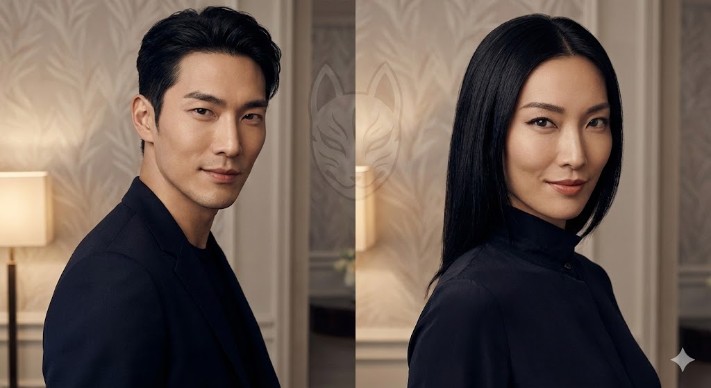 狐守護霊を持つ人に多いキツネ顔の美男美女のイメージ。特徴的なツリ目やシャープな輪郭など、クールで知的な人相学的魅力を象徴した画像。