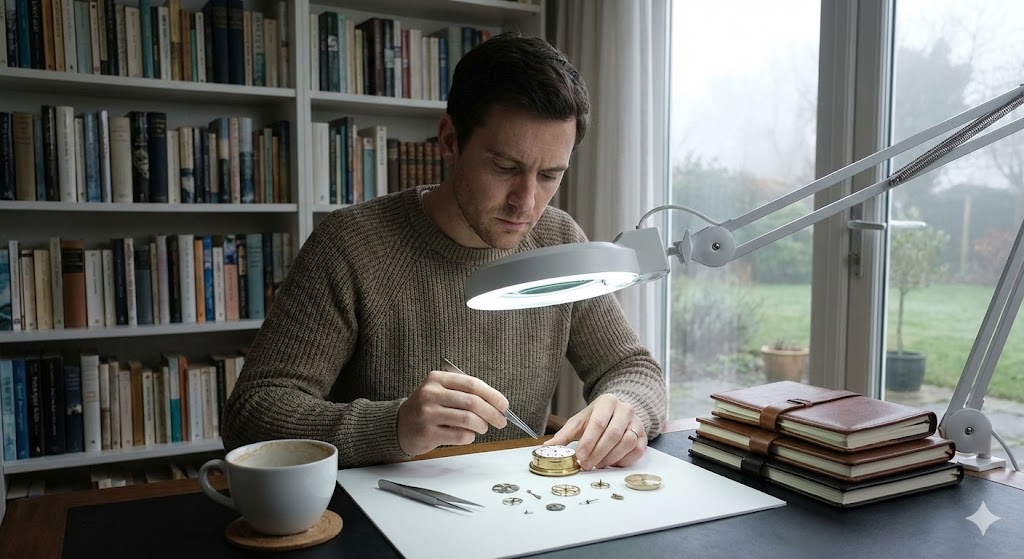 狐守護霊の特徴である孤独を好み完璧主義な性格を象徴する画像。静寂な神社で一人瞑想し自己研鑽に励む男性と、彼を見守る神秘的な狐の守護霊。