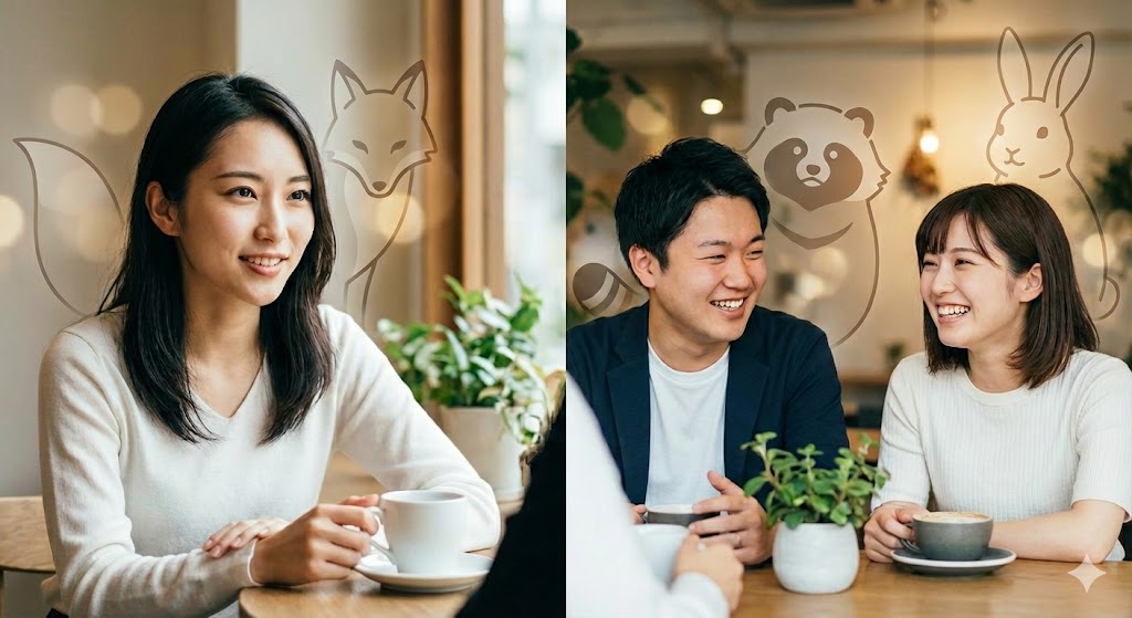 狐顔の人と相性が良い動物顔タイプ診断を象徴するイメージ画像。狐守護霊を持つ人の特徴や恋愛運、人間関係の調和を表す神秘的な狐と男性の姿。