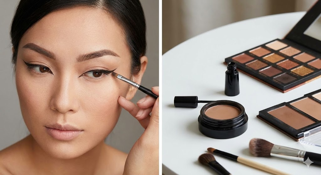 運気を高めるキツネ顔メイクのイメージ。目尻を跳ね上げたフォックスラインやノーズシャドウで狐守護霊のご利益を引き寄せる開運メイクの方法。