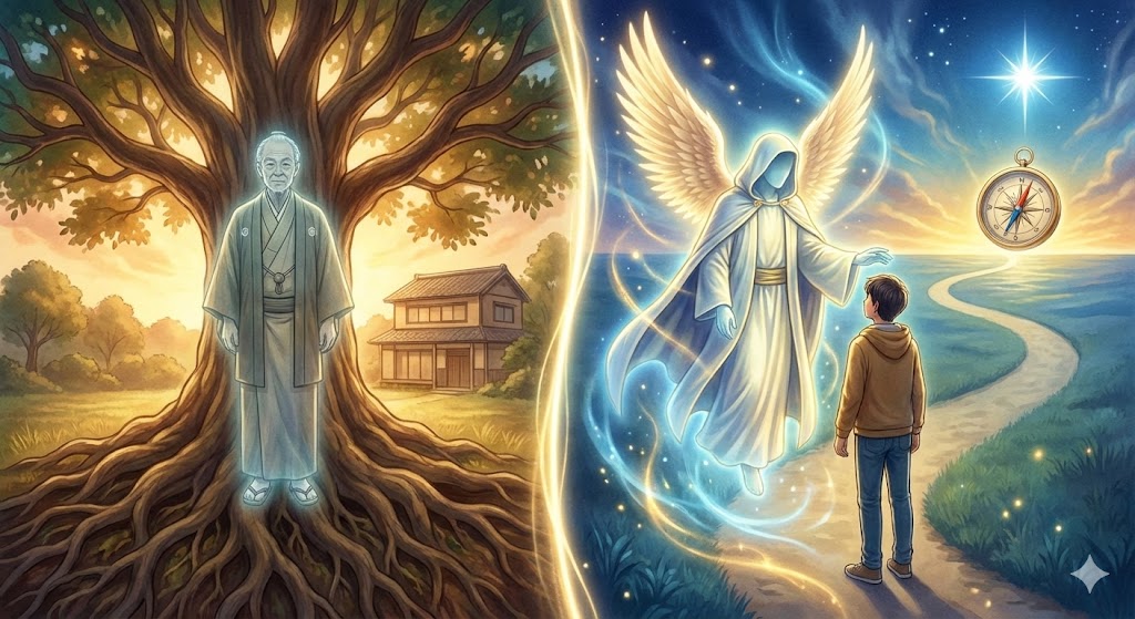 守護霊と先祖霊の役割の違いを表現したイメージ画像。家系を根底から支える先祖霊と、人生の指針となり魂を導く守護霊のエネルギー的な相違を対比。