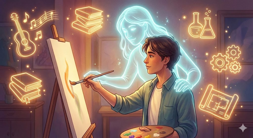 職業や才能を司る指導霊が、絵を描く男性に創造的なインスピレーションを与えている様子。専門分野をサポートする霊的守護を表した画像。