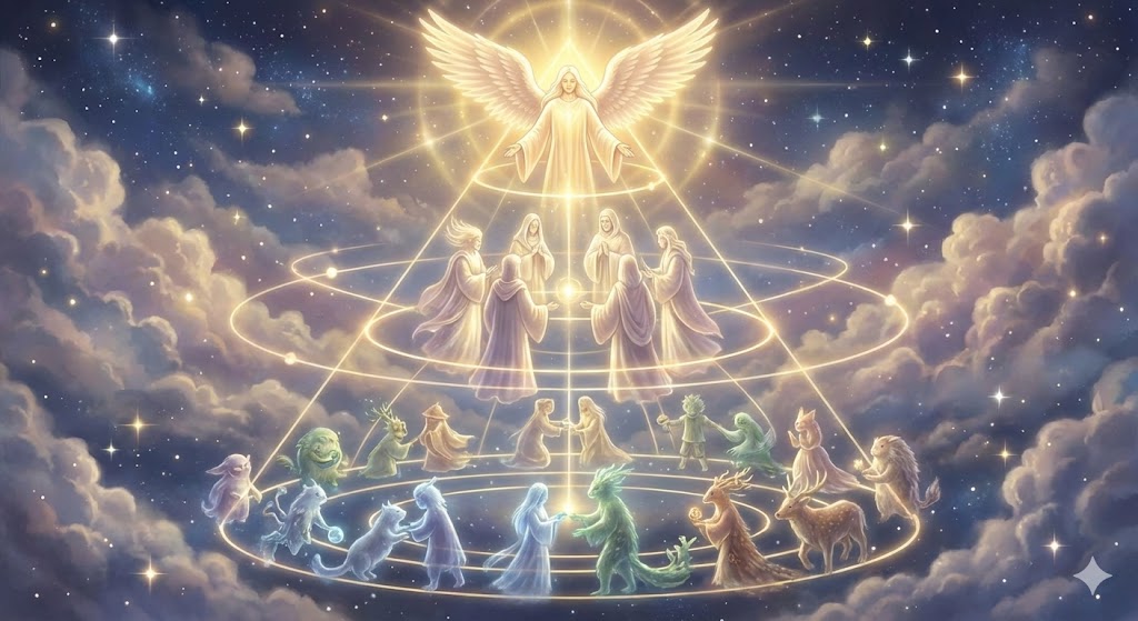 守護霊団の階層とチームワークを表現した神秘的なイメージ画像。主護霊を頂点に、指導霊、支配霊、補助霊が連携して人を支える霊的な構造を視覚化。