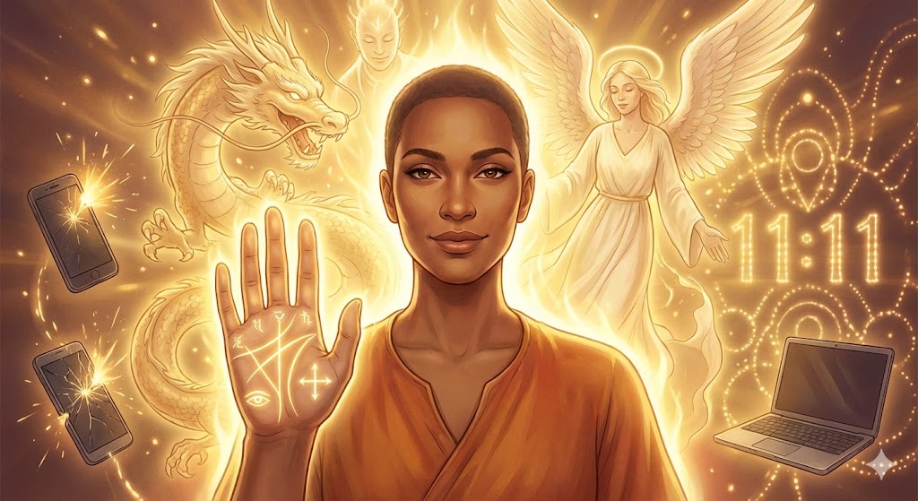 守護霊の力が強い人の特徴を描いたスピリチュアルなイラスト。仏眼や神秘十字線の手相、壊れた電子機器、11:11のエンジェルナンバー、強力な龍や天使の守護が表現されている。