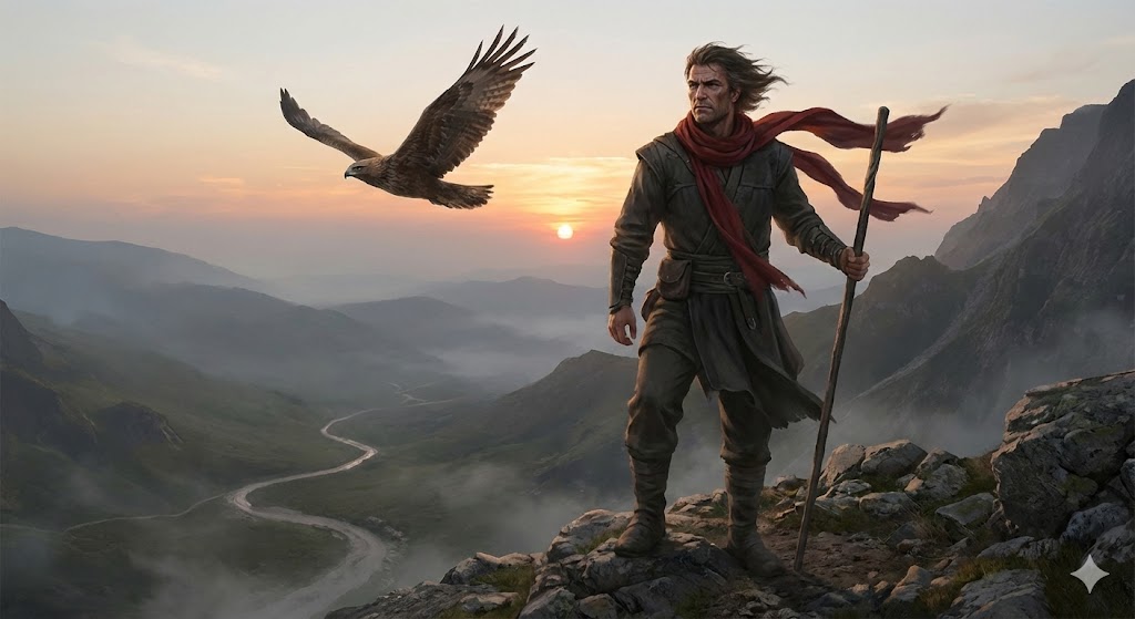 天狗系守護霊の特徴を表す画像:高山の頂に独り立つ男性。強い意志を感じさせる表情、風になびく赤いスカーフ、そして空を舞う鷹が、孤高でプライドが高く、個人の力で道を切り拓く「天狗系」の性格を象徴している。