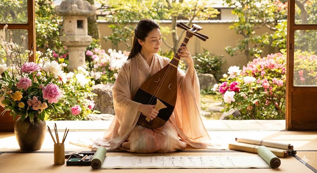穏やかな日本庭園で琵琶を奏でる女性。弁天系の守護霊がついている人の特徴である、芸術を愛し、争いを好まない癒し系の性格を象徴するイメージ画像。