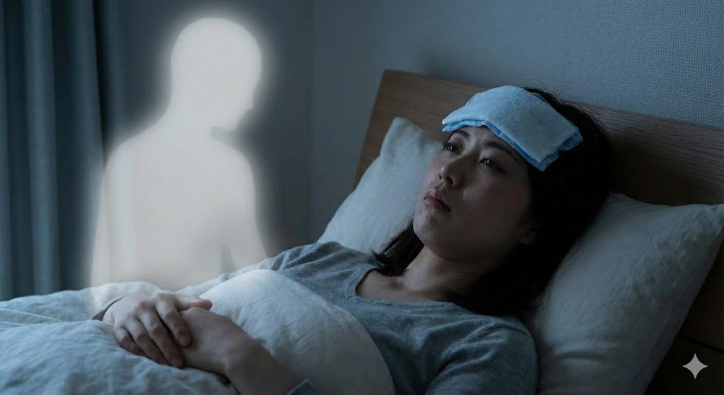 厄年の不調で寝込む女性と、枕元で心配そうに見守る守護霊。高熱が出て苦しそうな表情だが、守護霊の加護は続いている様子。