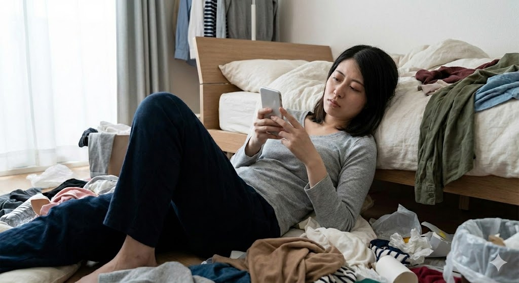 依存心や自己放棄で守護霊との繋がりが断絶した部屋。散らかった部屋でスマホを見る女性からは生気が感じられず、守護霊の姿もない。