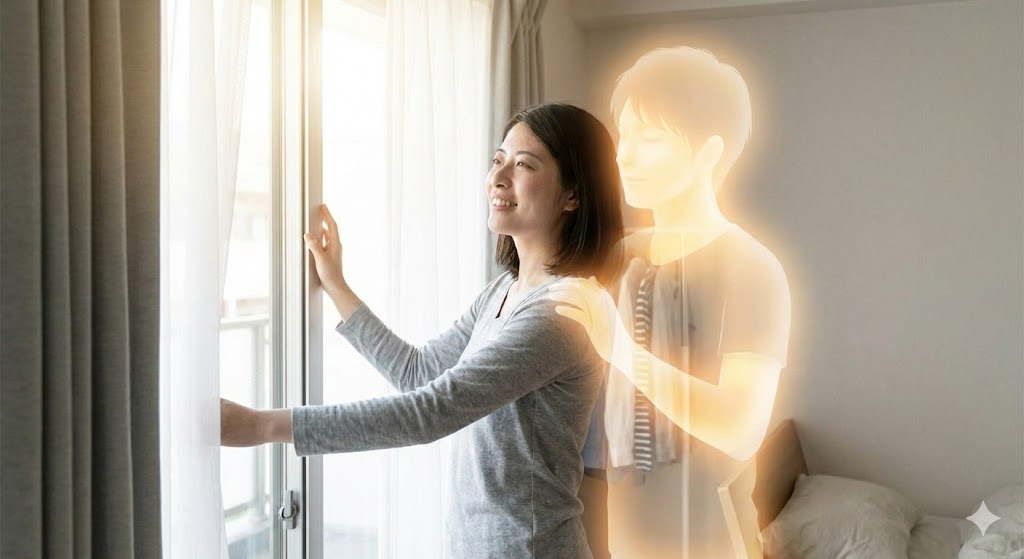 守護霊に守られているサインに気づき笑顔の女性。掃除をして窓を開け、光り輝く守護霊に肩を抱かれながら希望に満ちた表情。