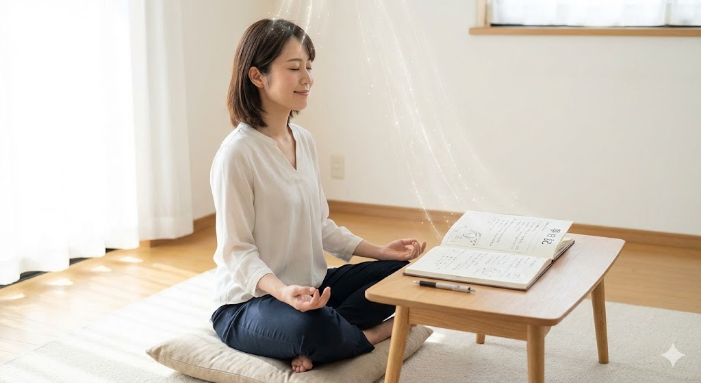 瞑想と夢日記で守護霊からのメッセージを受け取る女性。穏やかな表情で瞑想し、テーブルの上には夢日記が開かれている。光の粒子が降り注いでいる。