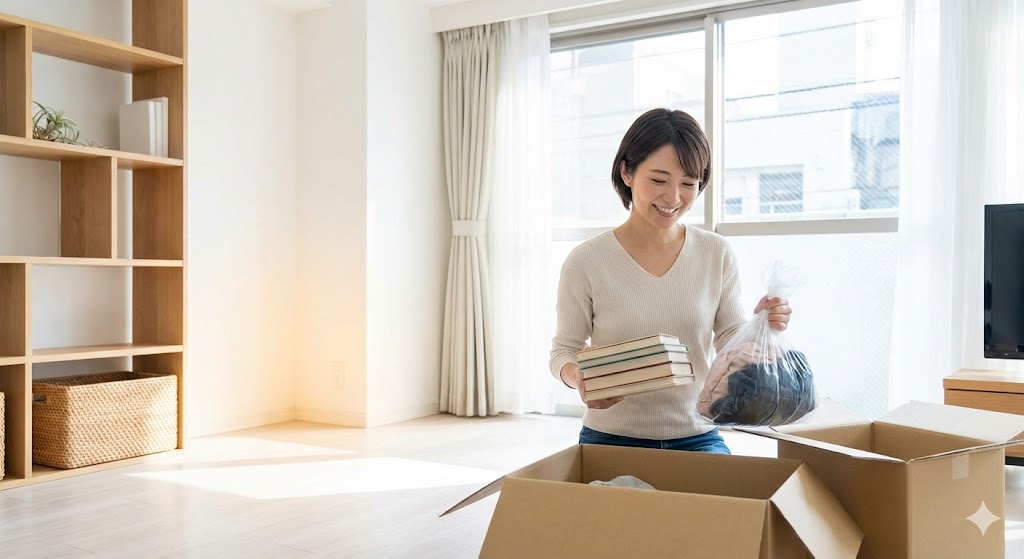 掃除と断捨離で守護霊が好む環境を作る女性。窓を開けて換気をし、部屋を清潔にすることで邪気を払い、運気と守護霊を招き入れる明るい空間の様子。