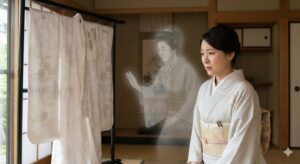 白無垢の前で思いつめた表情の女性と、それを静止するように手をかざす半透明の守護霊（先祖の霊）の姿。結婚に反対するスピリチュアルな警告のサイン。