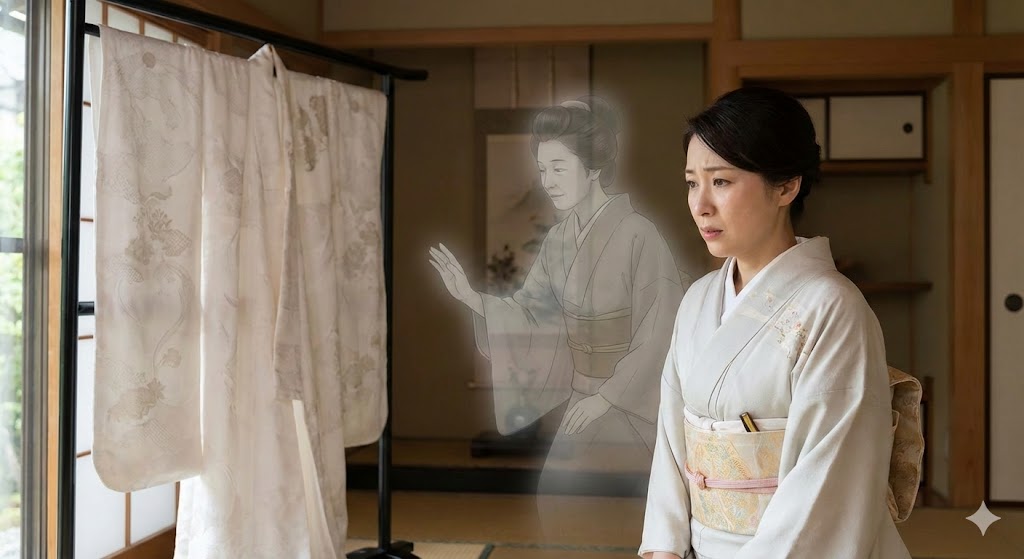 白無垢の前で思いつめた表情の女性と、それを静止するように手をかざす半透明の守護霊(先祖の霊)の姿。結婚に反対するスピリチュアルな警告のサイン。