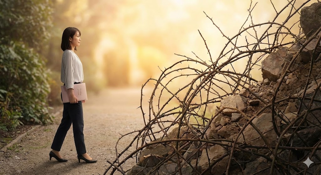 結婚式の準備ノートを持った女性の行く手を、茨の道と崩れた岩が塞いでいるイメージ。結婚前に邪魔が入る現象が持つスピリチュアルな試練や意味を表現。