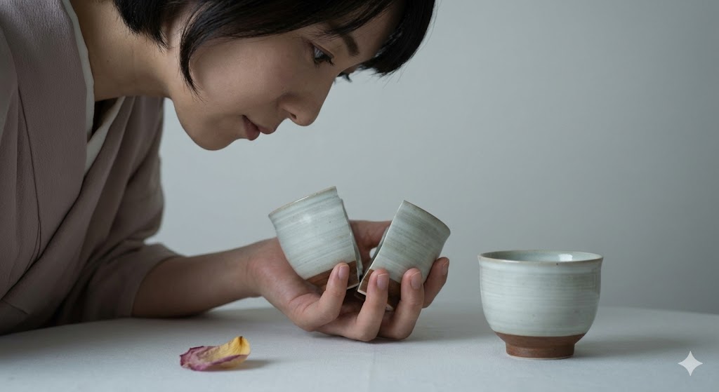 大切にしていた湯呑みが真っ二つに割れ、それを悲しげに見つめる女性の様子。結婚前に物が壊れることが示す不吉なスピリチュアルな予兆や警告。