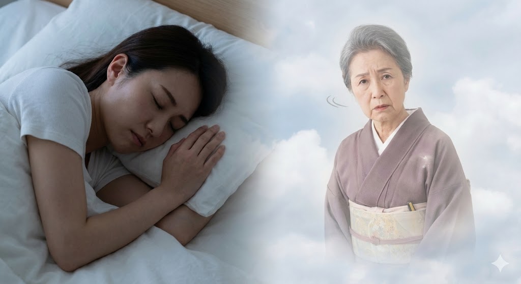 眠る若い女性の夢の中に、心配そうな険しい表情で現れた亡くなった祖母（先祖）の霊。故人が夢に出てくる場合の警告のメッセージ性を表現。