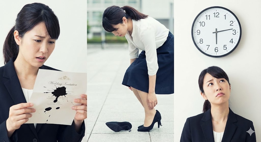 汚れた結婚招待状、折れたヒール、止まった時計など、次々と起こるトラブルに困惑する女性の連続写真。結婚が決まった後に不可解な問題が続くスピリチュアルな理由。