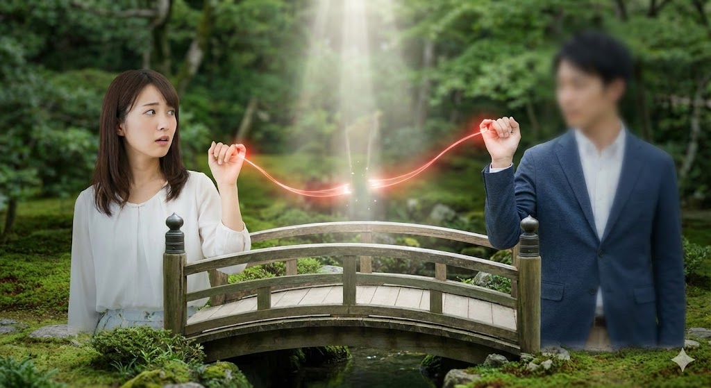 庭園の橋の上で、男女を結んでいた運命の赤い糸が光って切れる瞬間と驚く女性。守護霊が二人の関係を終わらせ、別れさせる時の特徴的な出来事のイメージ。
