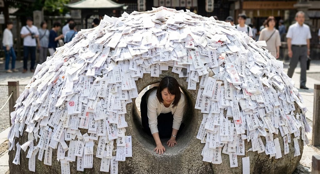 京都の安井金比羅宮にある縁切り縁結び碑（いし）と形代を持つ女性。悪縁切りと良縁結びの強力なご利益を求めて参拝する儀式の様子。