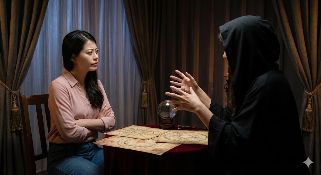 先祖の因縁を理由に不安を煽る怪しい占い師に対し、毅然とした態度で勧誘を断る女性。霊感商法や結婚詐欺の手口への注意喚起のイメージ。