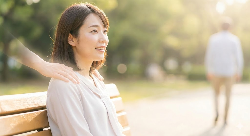 優しい光に包まれた日本女性の背中に、見守るような温かい手があるイメージ画像。生きている人の魂が守護霊として寄り添うスピリチュアルな絆を表現。