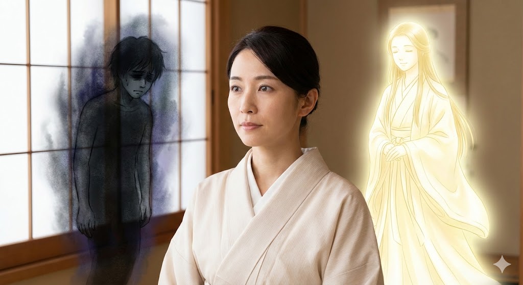 和服の日本女性の後ろに、暗い影の生き霊と輝く光の守護霊が対照的に立つ比較画像。ネガティブな執着とポジティブな愛のエネルギーの違いを視覚化。