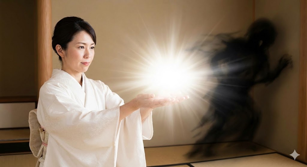 和服の日本女性が、掌から放つ強い光でネガティブな影の存在を退けるイメージ画像。愛と感謝のポジティブな念が最強の生霊返しとなる様子を表現。
