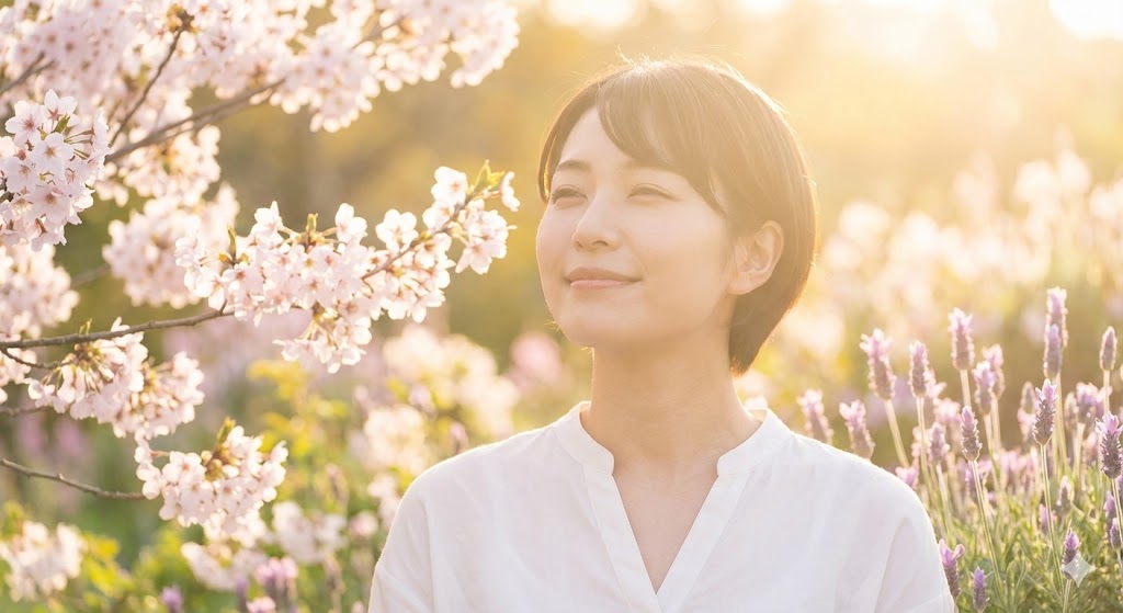 桜とラベンダーの花畑で、心地よい香りに包まれ穏やかに微笑む女性。守護霊に守られている時に感じる、懐かしく優しい匂いのスピリチュアルなサインを表現した画像。