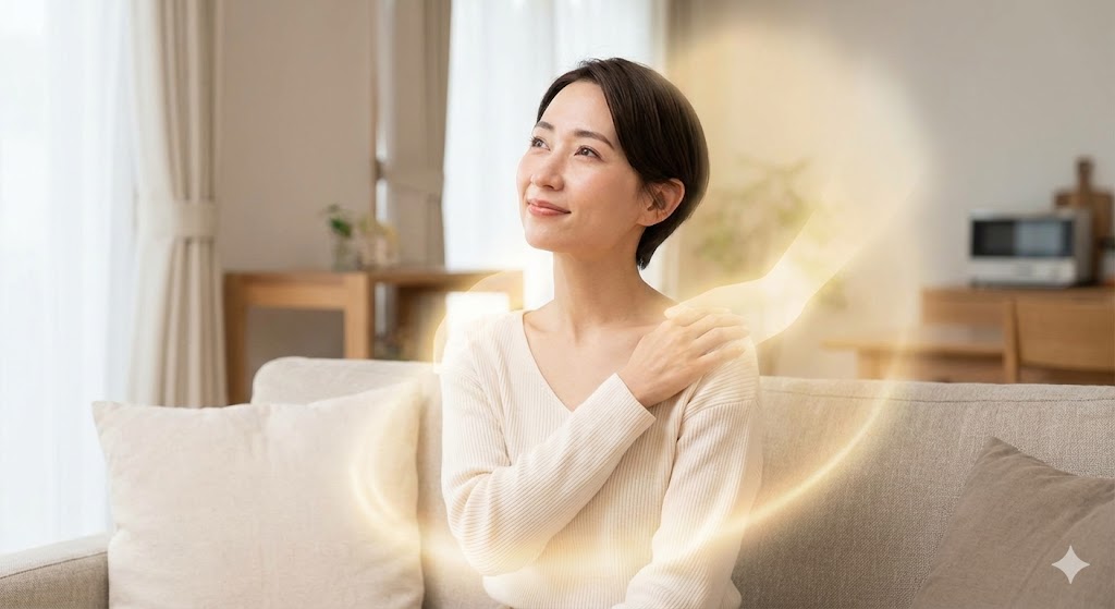リビングでくつろぐ女性の肩に、温かい光の手が置かれ包み込まれている様子。守護霊に見守られ、安心感や温かさを感じているスピリチュアルな感覚を視覚化。