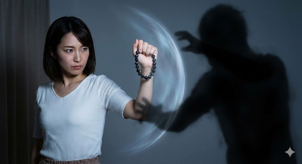 暗闇で黒いパワーストーンのブレスレットを掲げ、光のバリアで黒い影の生霊を防ぐ女性。強力な魔除け石でネガティブな念を跳ね返すスピリチュアルな防御の様子。