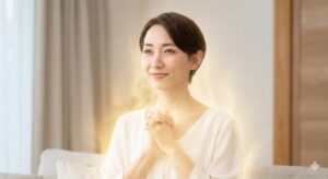 守護霊に感謝を伝える女性が温かい金色の光に包まれ穏やかに祈る様子。守護霊への感謝方法を実践し運気が上がるスピリチュアルな効果をイメージした画像。